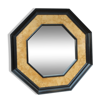 Octagonal vintage wooden mirror of the 1970s - 72cm