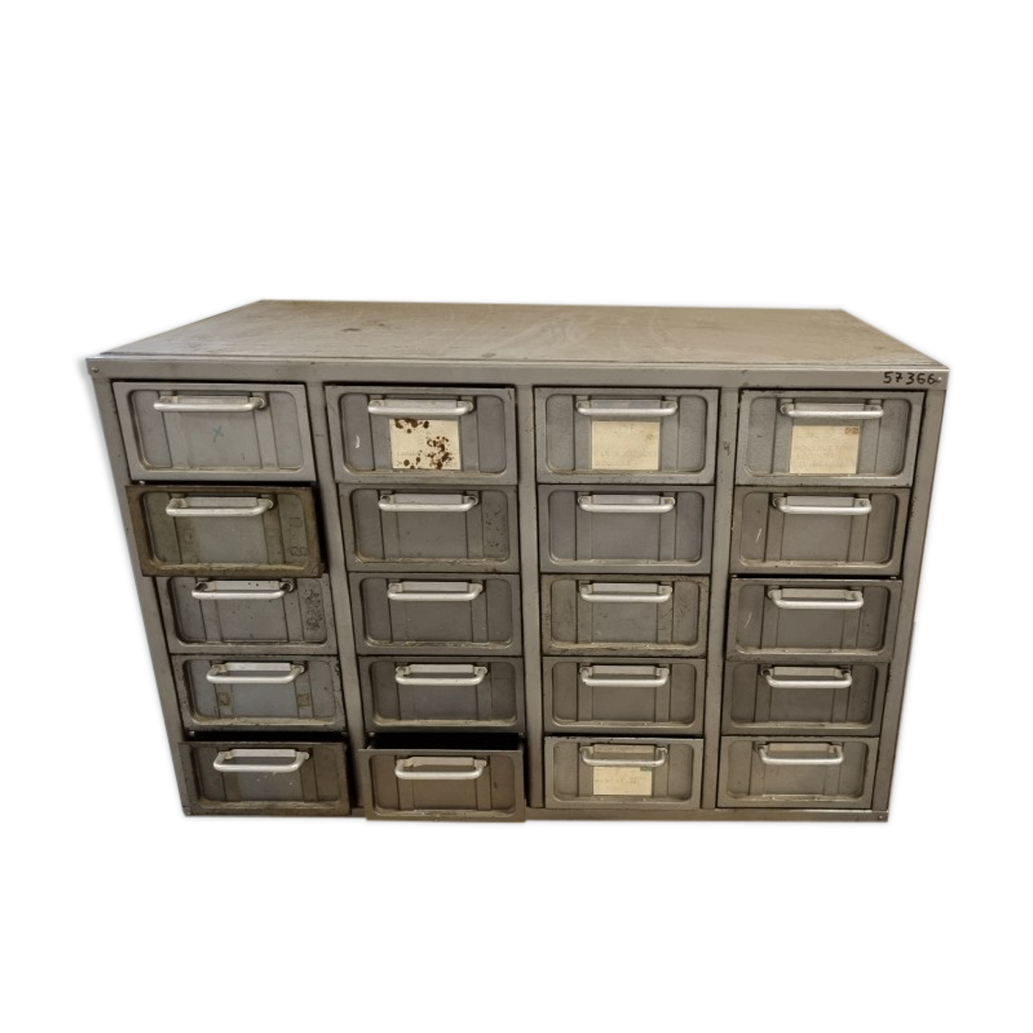 Antique metal workshop furniture has 20 drawers