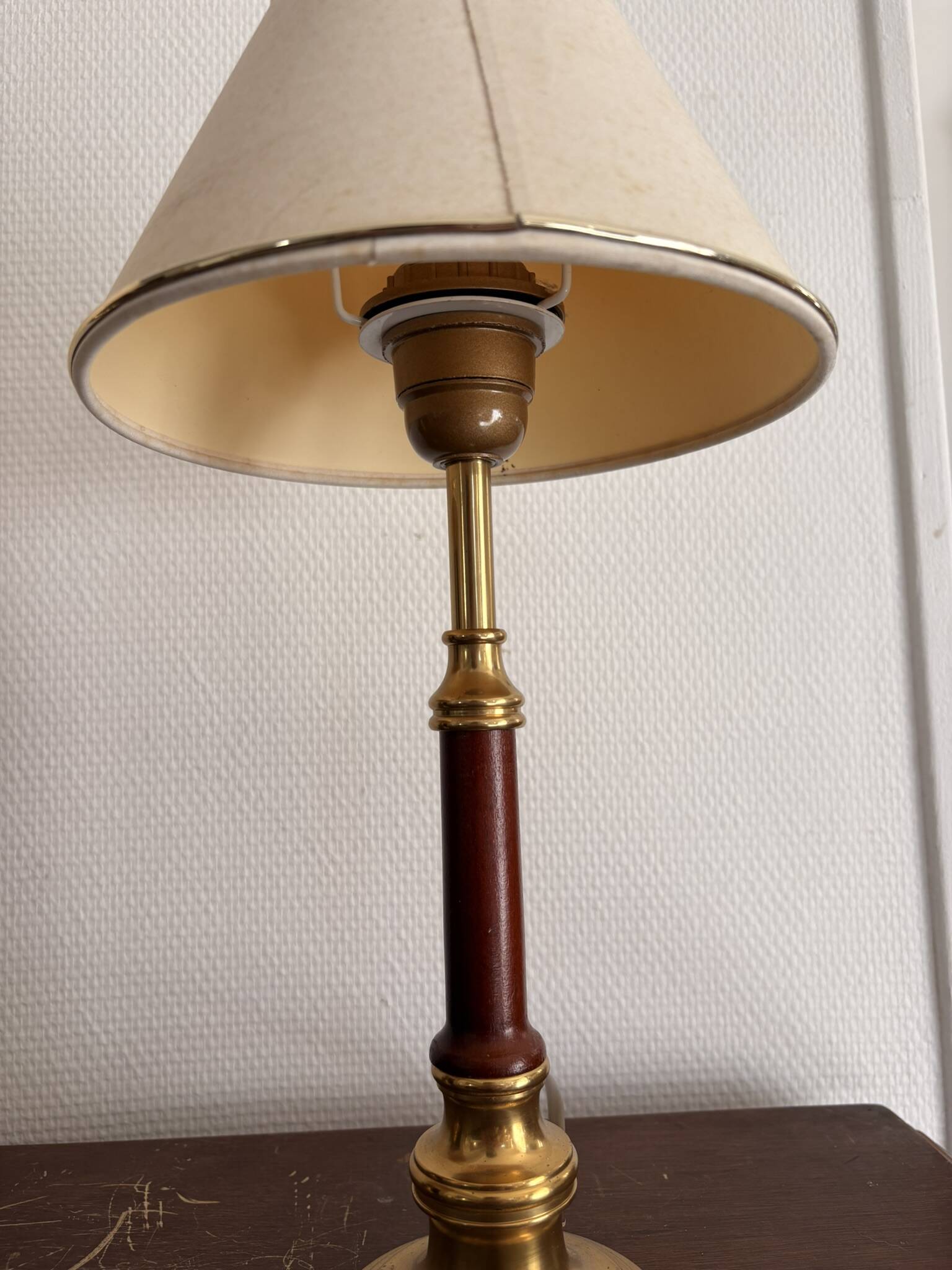 Pair of Brass-Gilded Bouillotte Lamps Vintage Wood Neo-Classical Shade