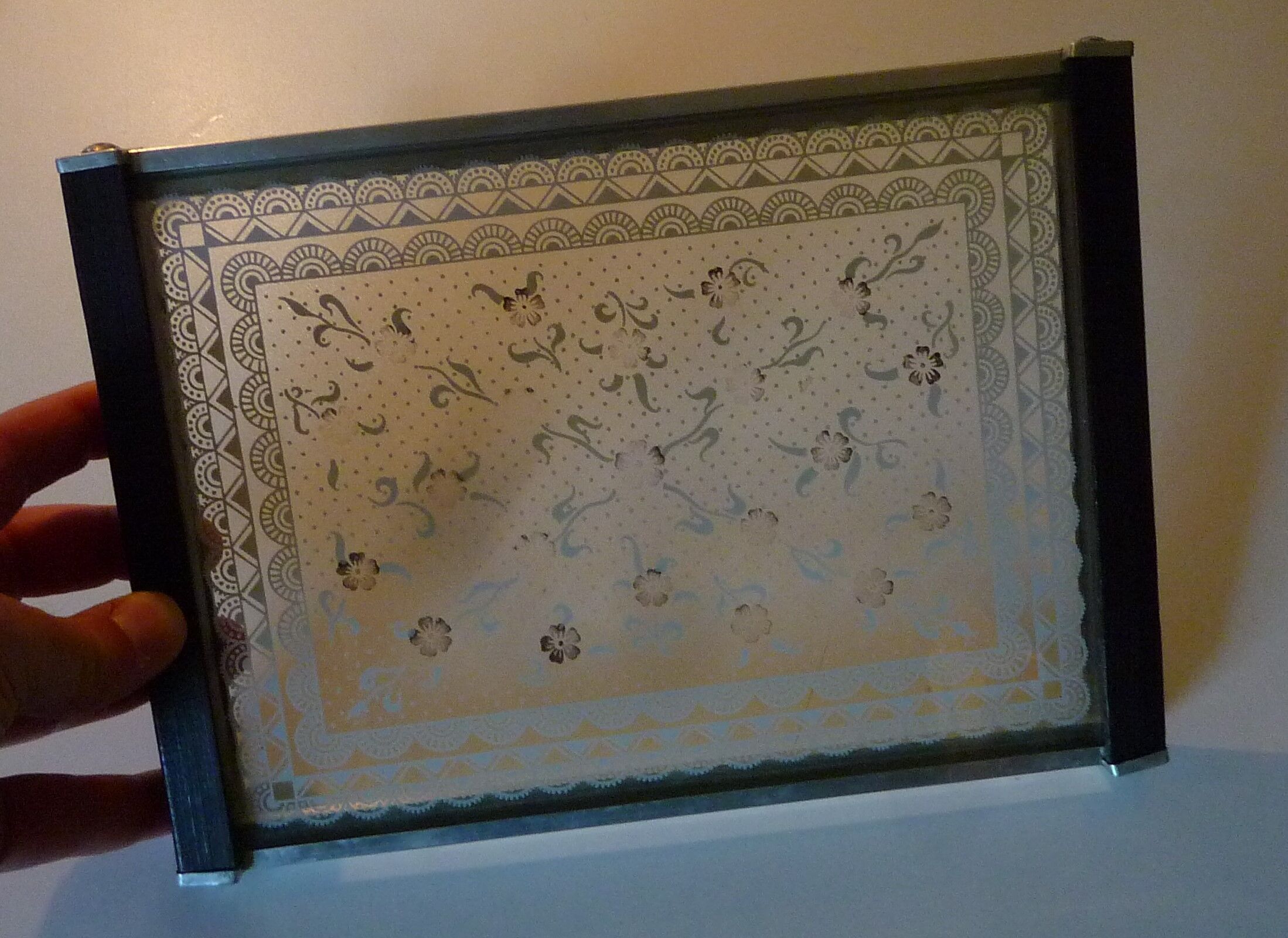 Silkscreened glass and wood tray vintage 50s