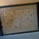 Silkscreened glass and wood tray vintage 50s