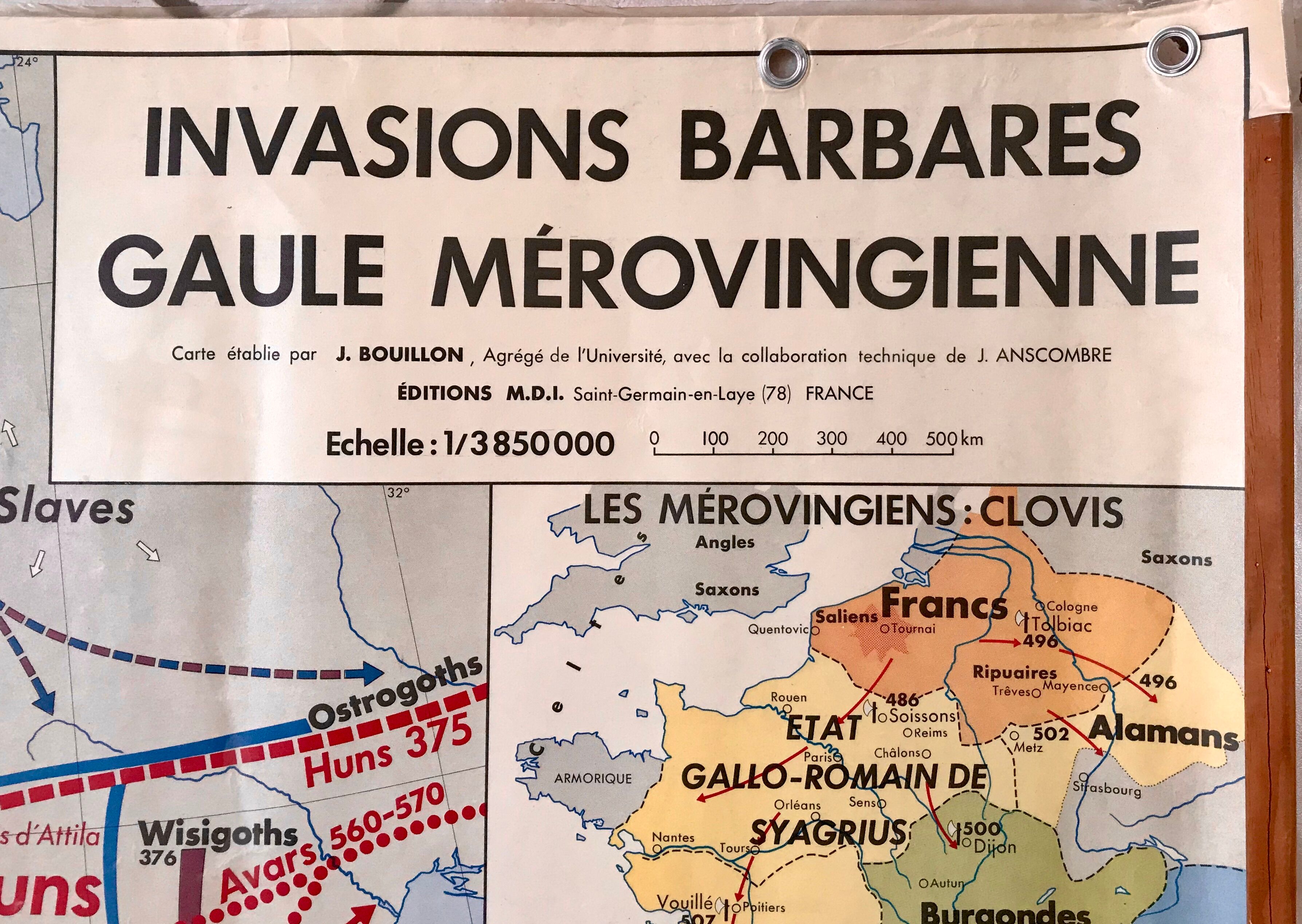 school map Librairie Armand Colin Reinhart and Wagret Roman Gaul with wooden hook 1970