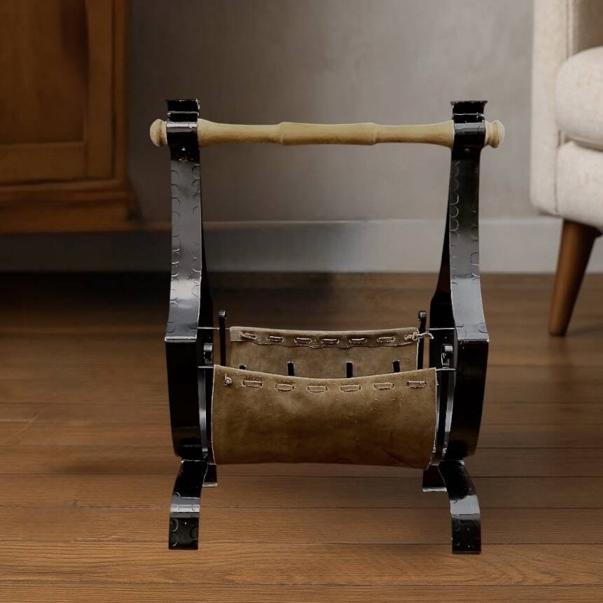 Antique wrought iron, wood and suede magazine rack - 4.1 kg - 1950s