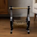 Antique wrought iron, wood and suede magazine rack - 4.1 kg - 1950s