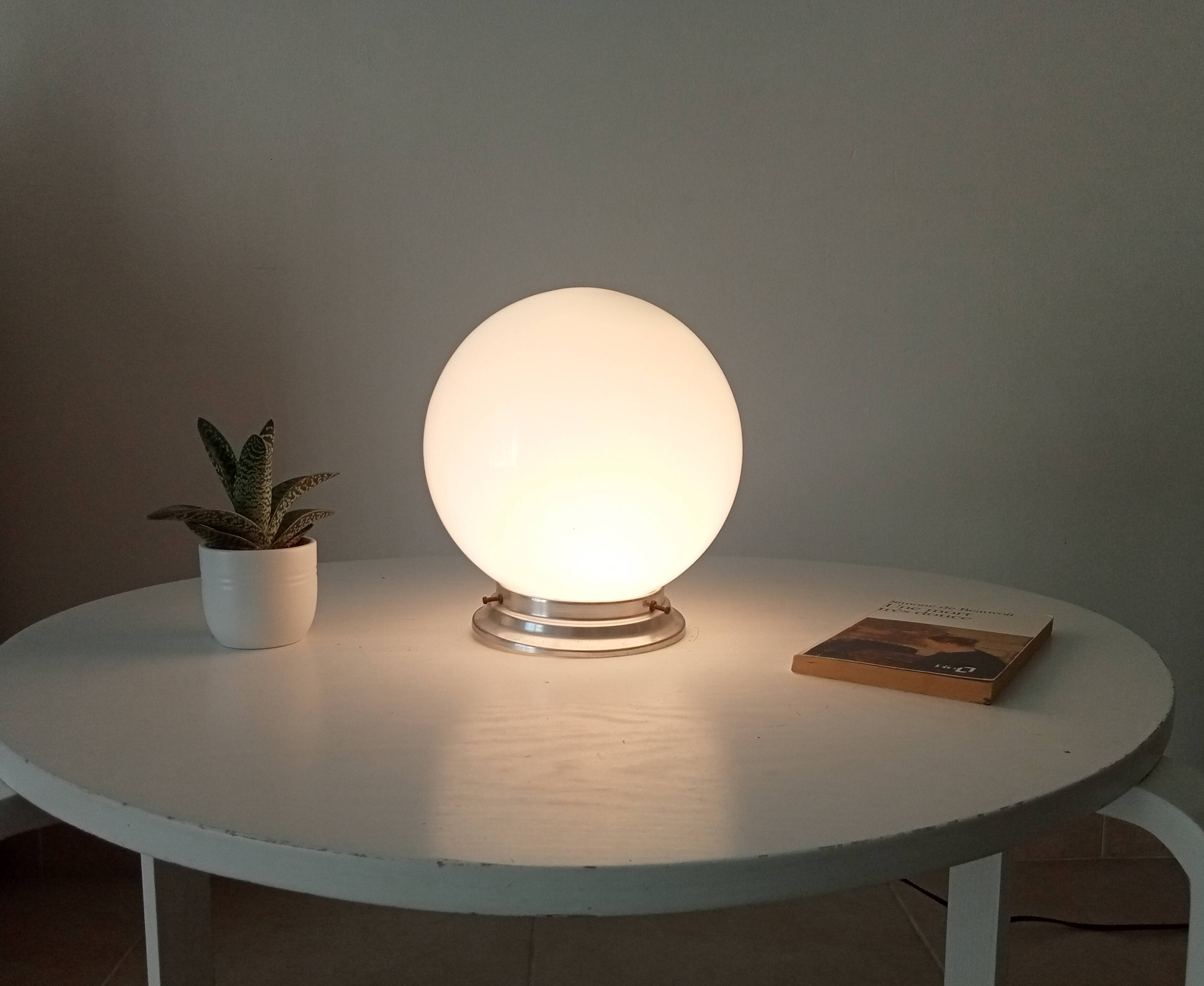 Vintage opaline and aluminium ceiling light from the 1950s.