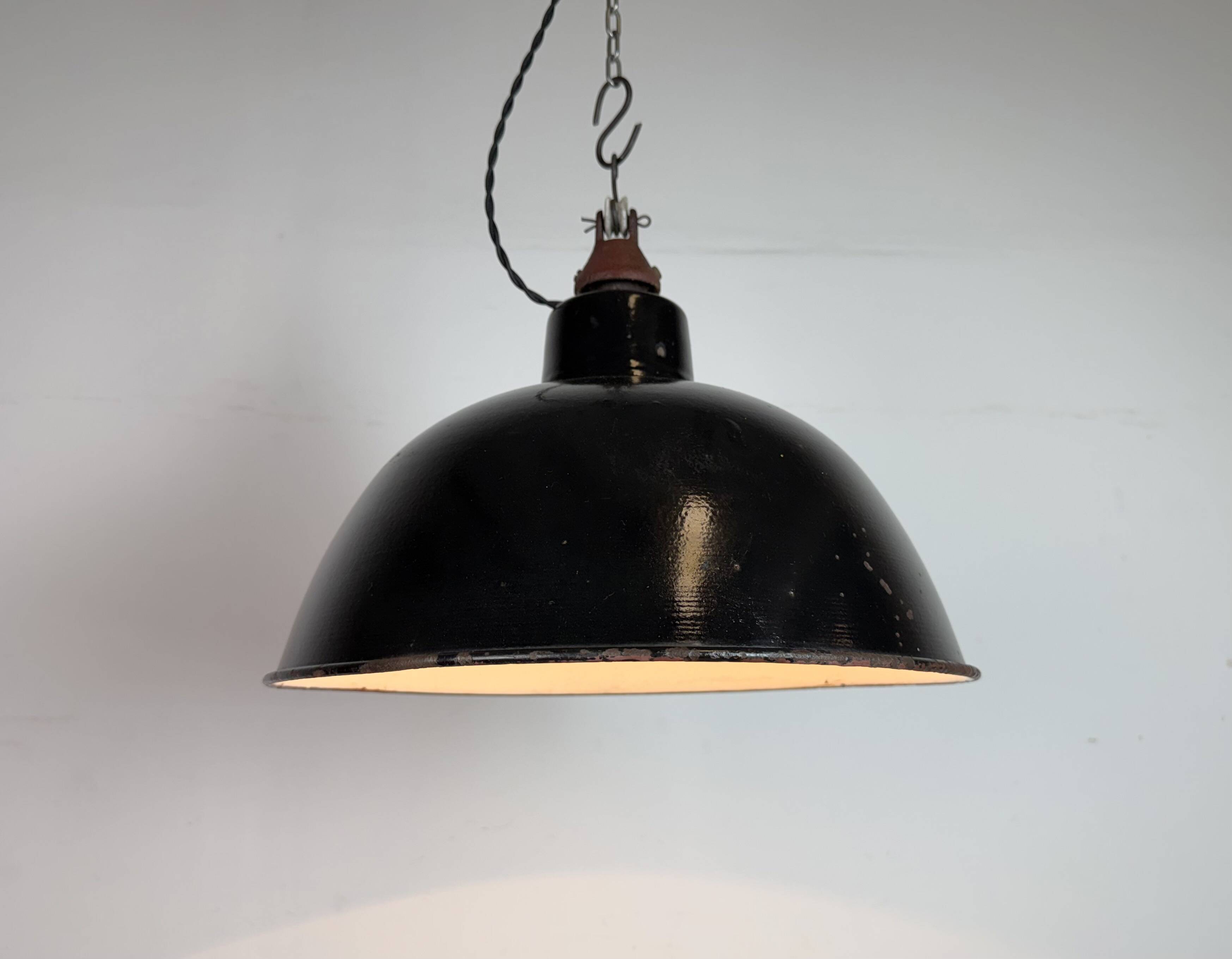 East German Black Enamel Factory Light by LBD Veb Leuchtenbau Dresden, 1950