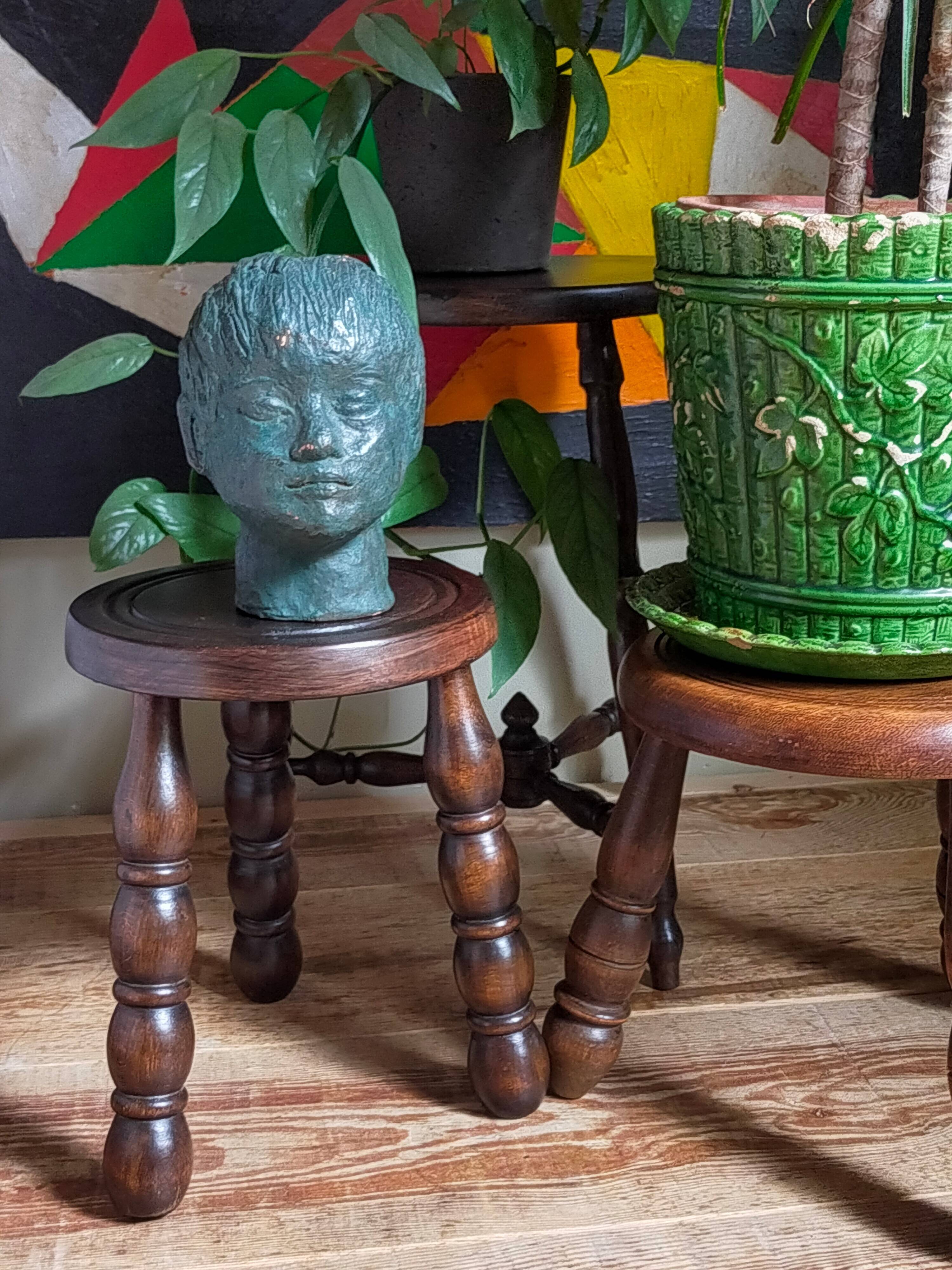 Vintage solid turned wood tripod stool