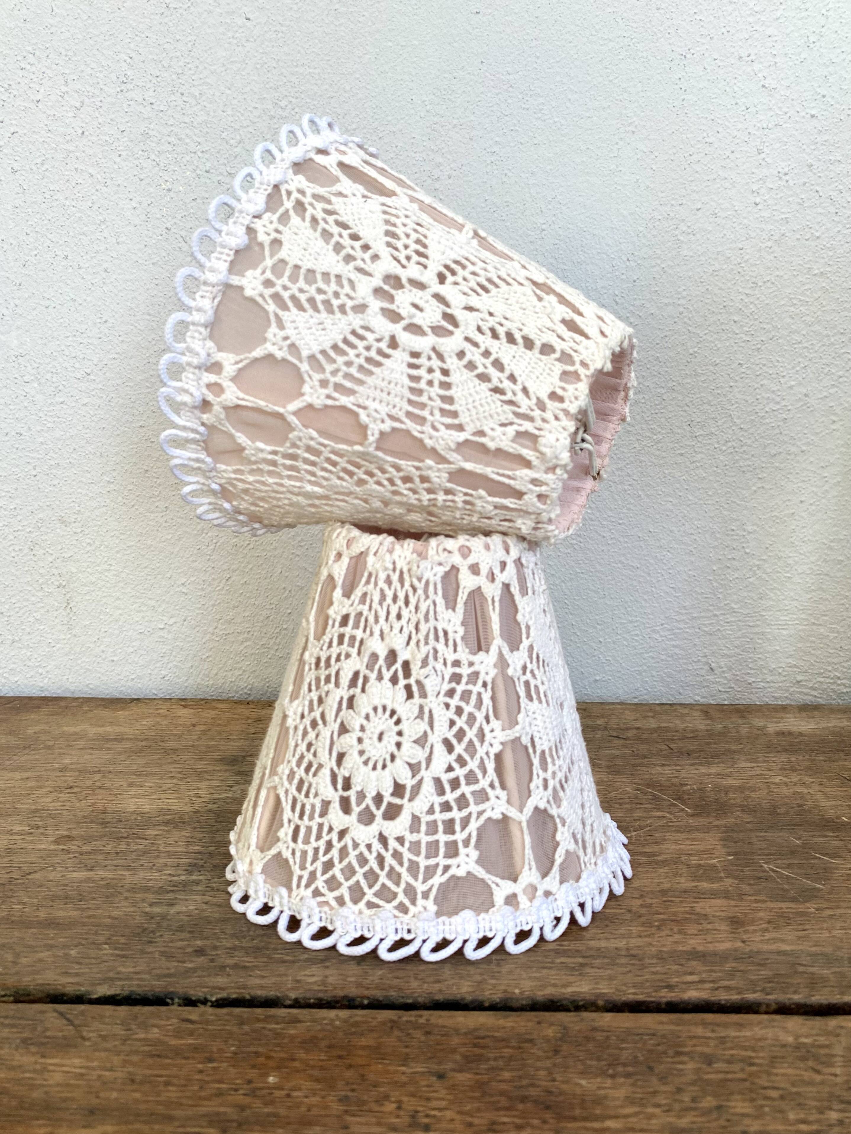 Duo of fishnet and cotton crochet lampshades, 1960s