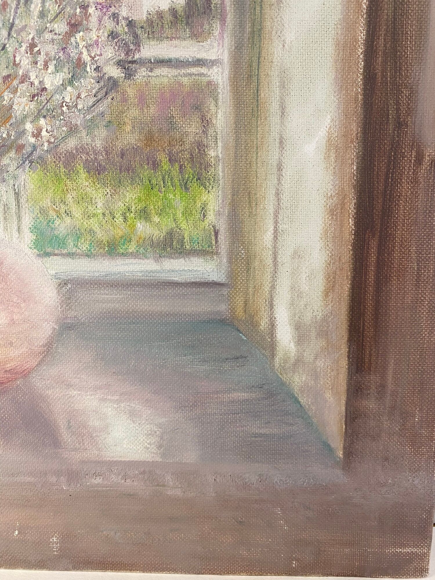 Old painting, still life with bouquet of flower and cat 80s