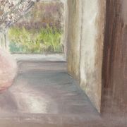 Old painting, still life with bouquet of flower and cat 80s