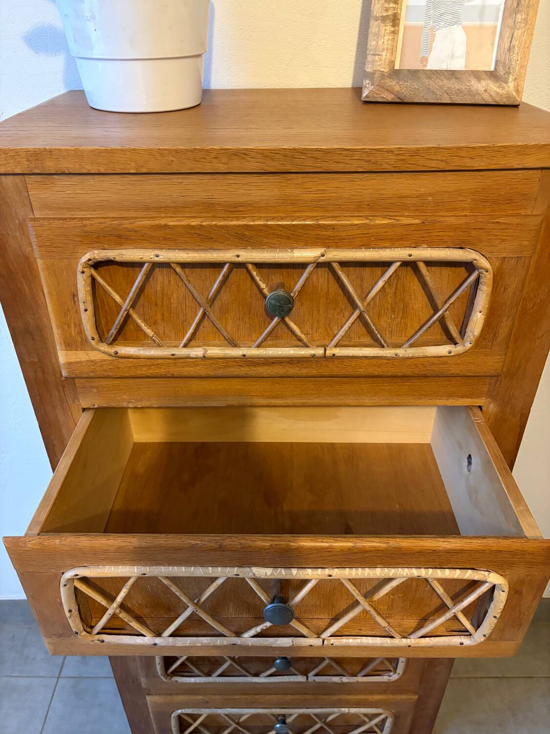 Vintage oak and rattan chest of drawers