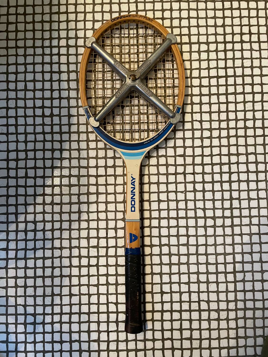 Vintage Zephir wooden tennis racket with metal protection