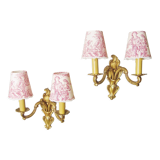 Pair of bronze sconces with four handmade toile de Jouy lampshades in France