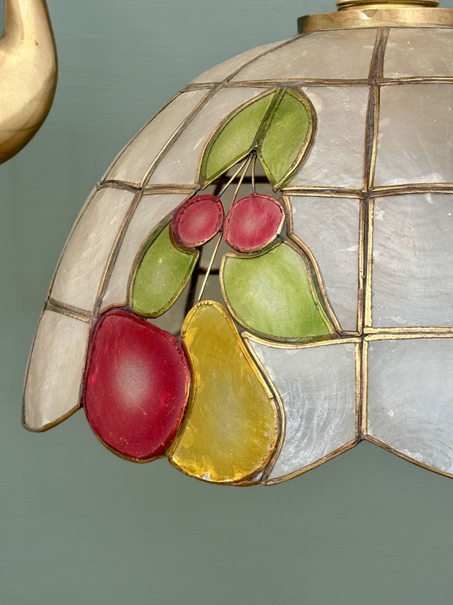 Vintage mother-of-pearl and brass pendant lampshade with fruit decorations