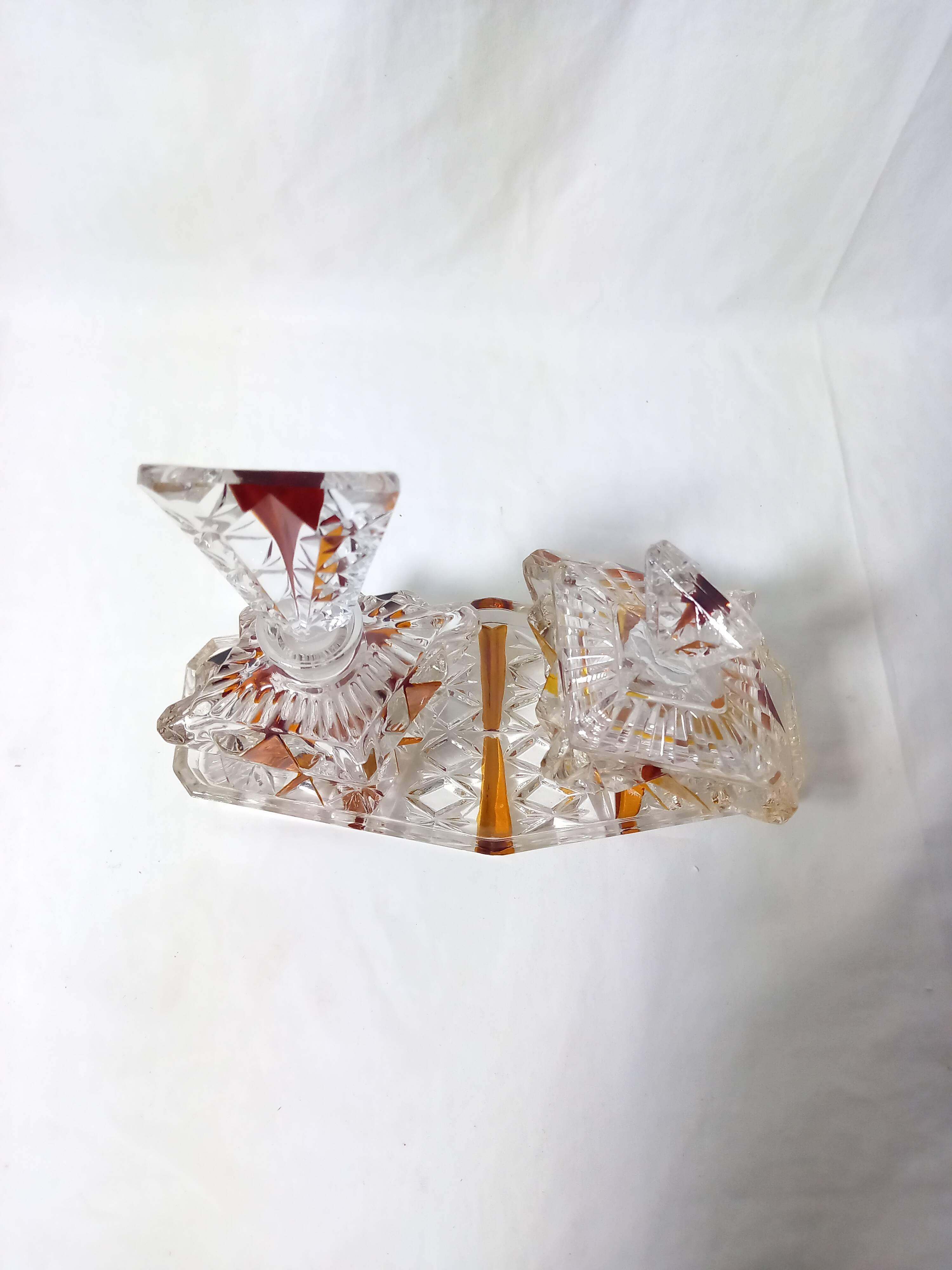 Art Deco Perfume Bottle, Pot and Tray in Transparent and Amber Glass