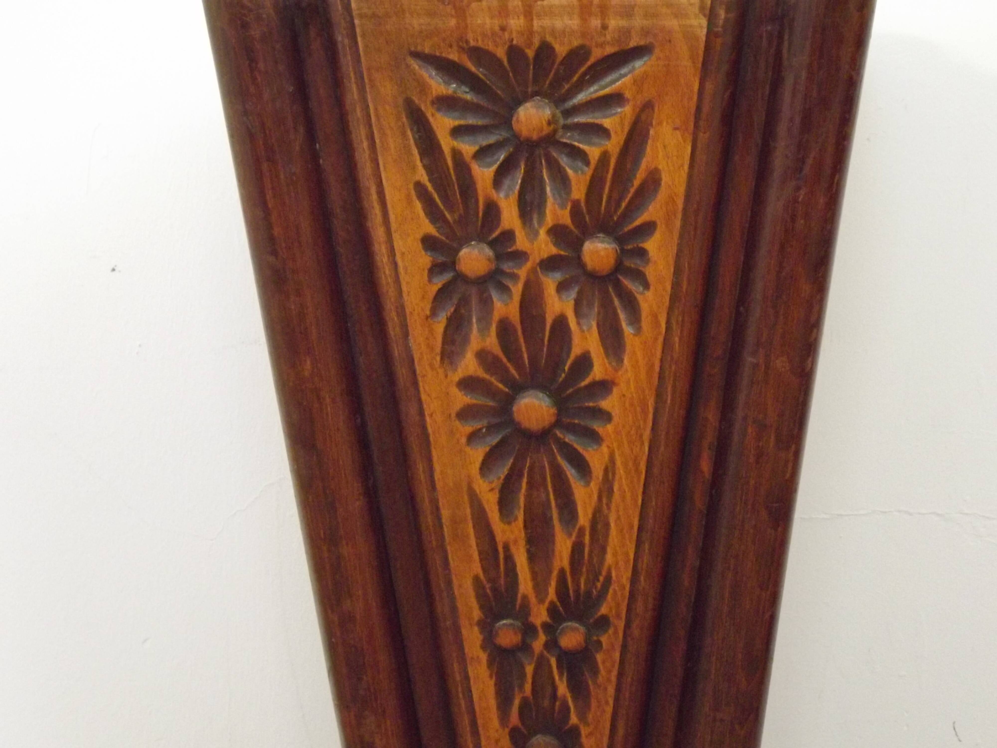 French antique oak tin-lined hand-carved umbrella stand with flower decoration.