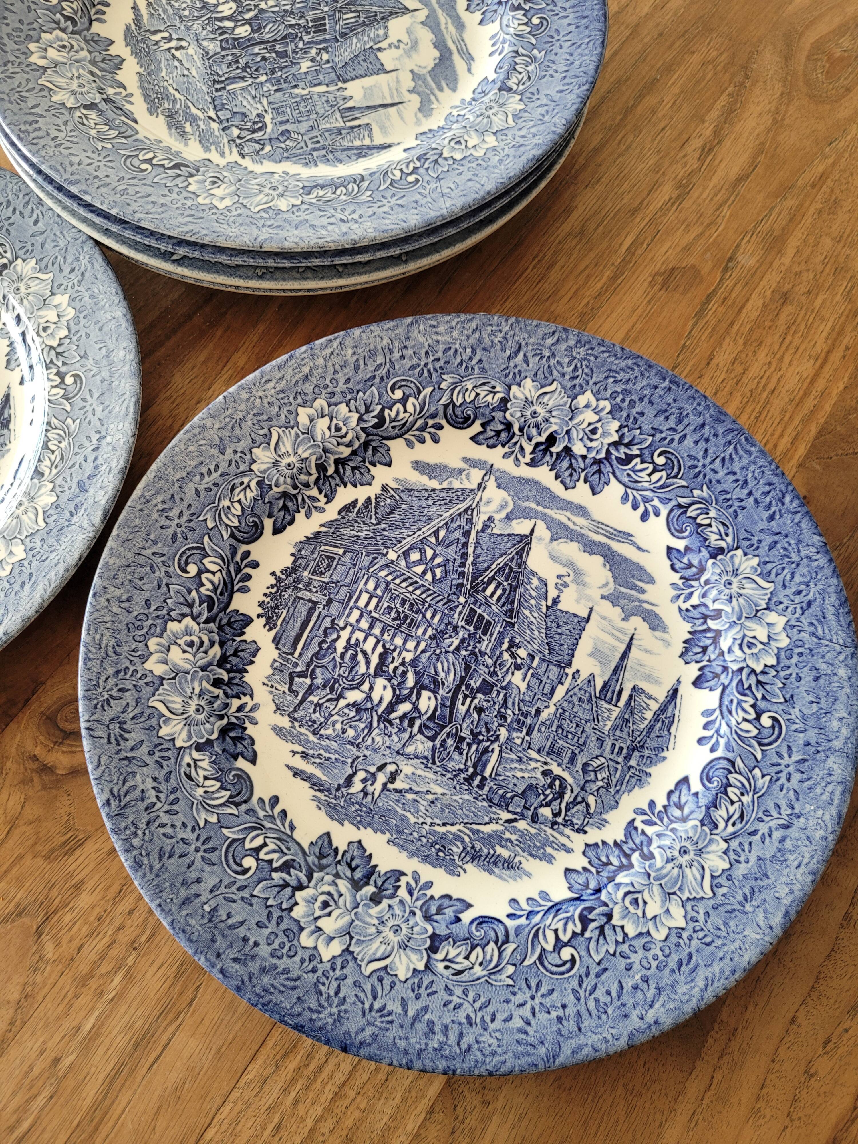 6 blue plates made in england