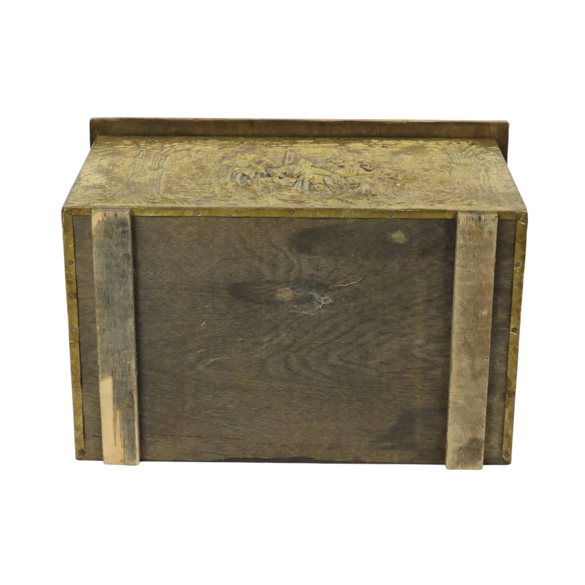 Large Repoussé Chest Coal Fireplace Brass Wood Early 20th Century