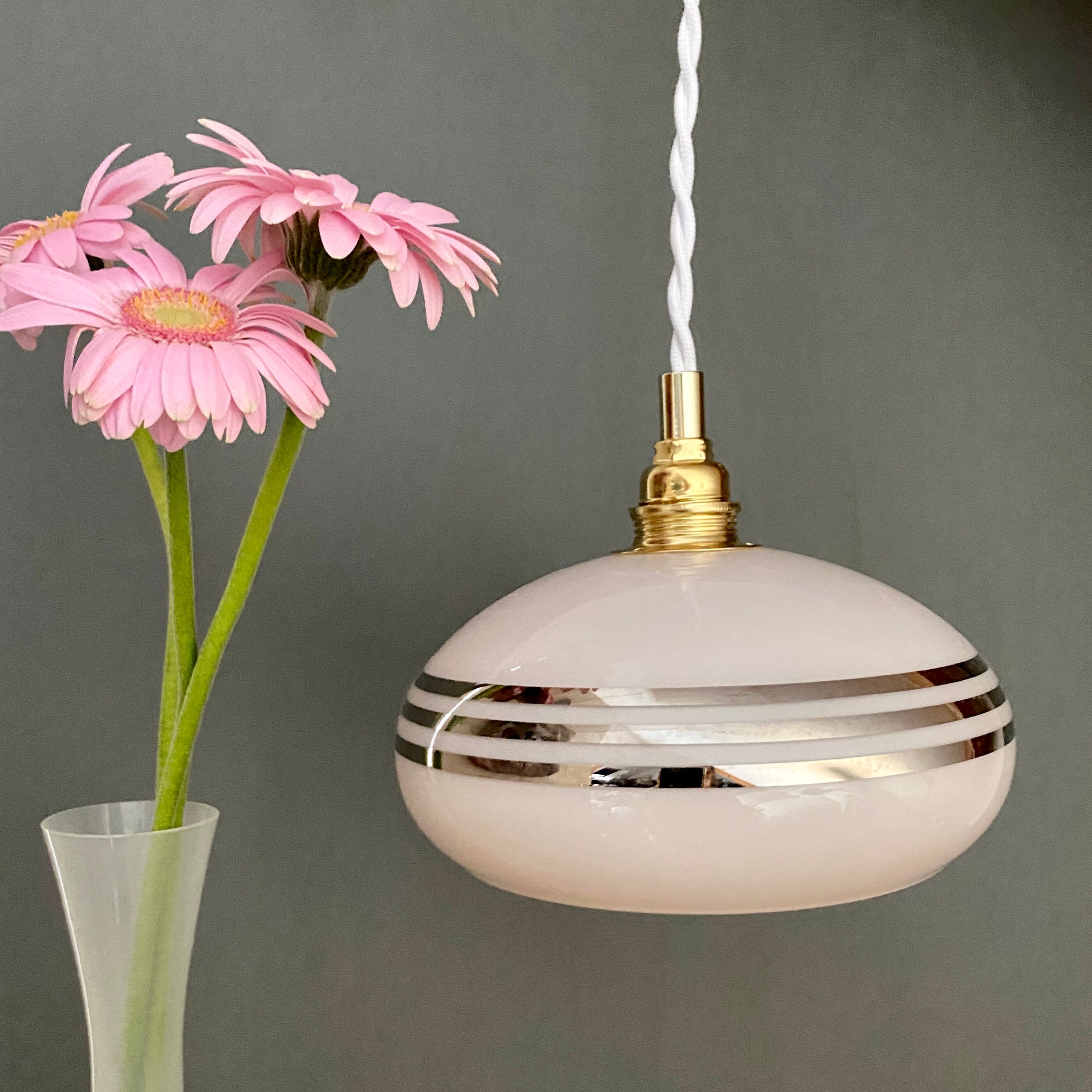 Vintage lamp in pale pink opaline and silver edging