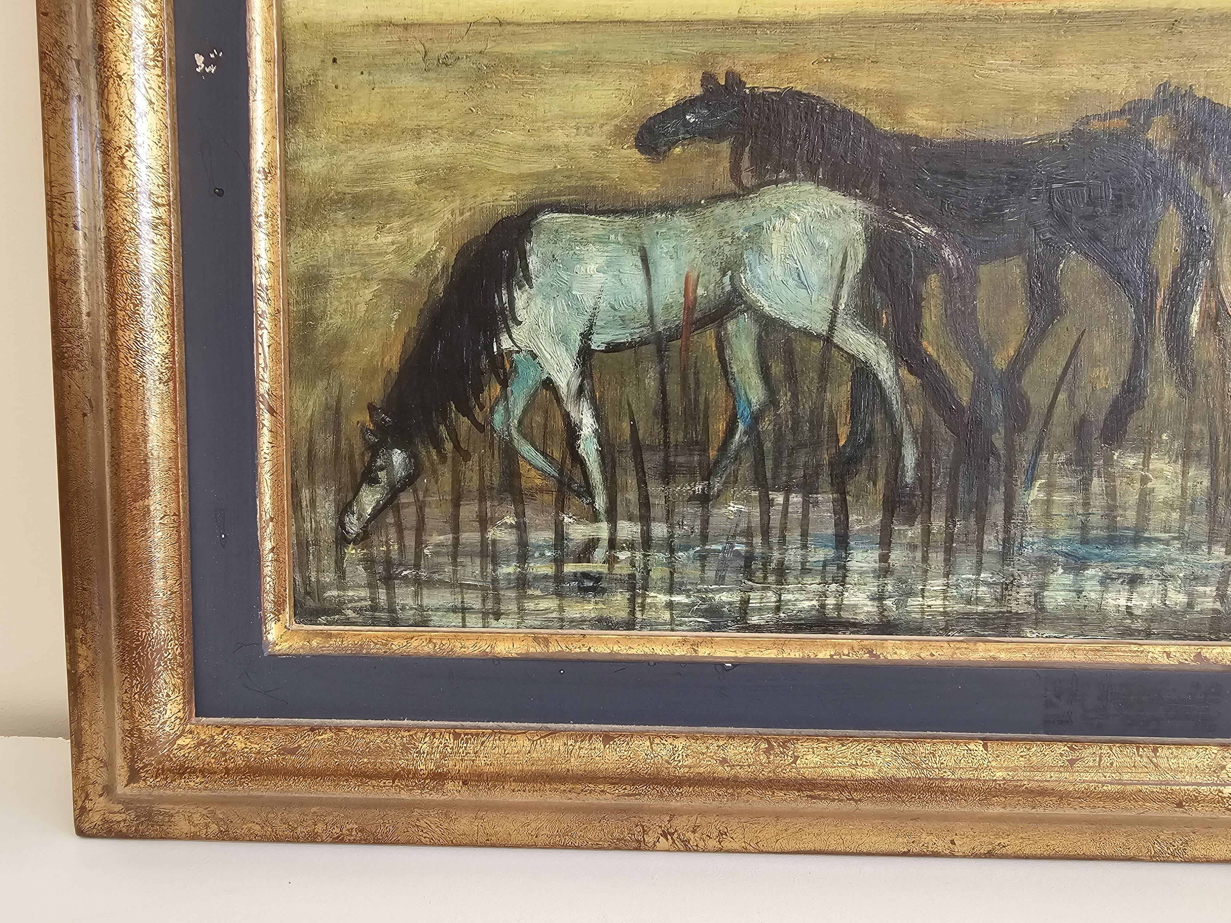 Tableau Huile sur Panneau école de Barbizon - Chevaux au pré Signé Lucien V