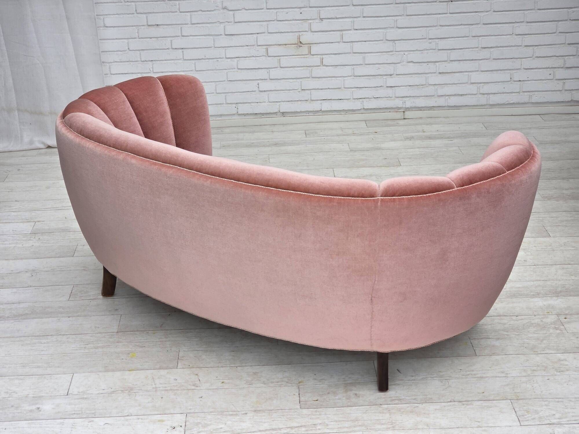 1970s, Danish 2-seater curved sofa, original salmon pink furniture velour.