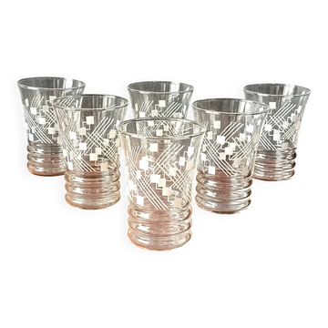 6 glasses 11 cl with vintage 1950 geometric patterns in white, France.