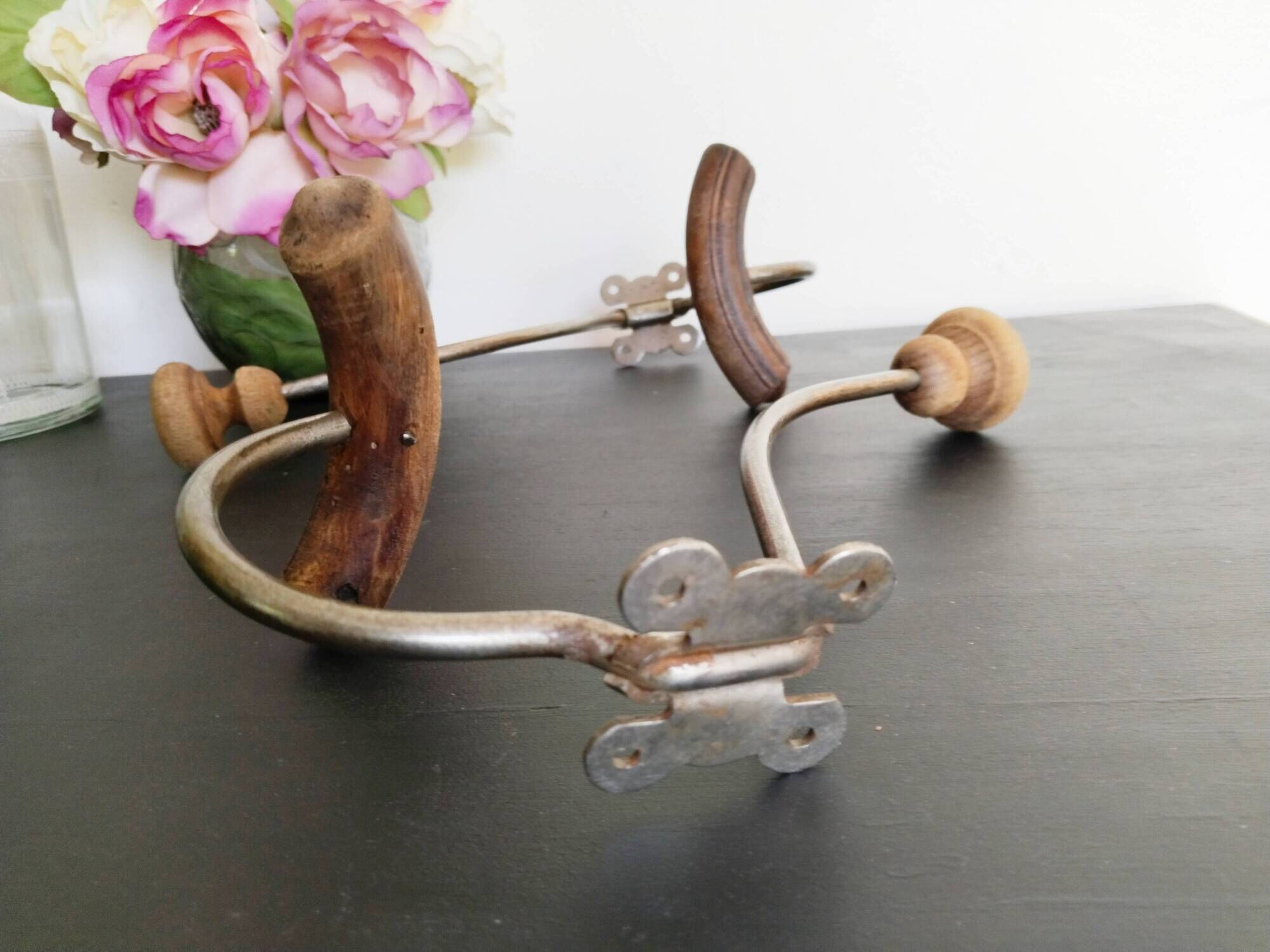Coat racks in wood and iron, vintage coat hooks, 50s/60s, cloakroom