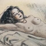 Pencil and pastel drawing xix paper: naked woman lying on a sheet, signed adam (hugo?), fine arts