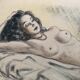 Dessin crayon et pastel xix papier : femme nue allongée sur un drap, signé adam (hugo ?), beaux arts