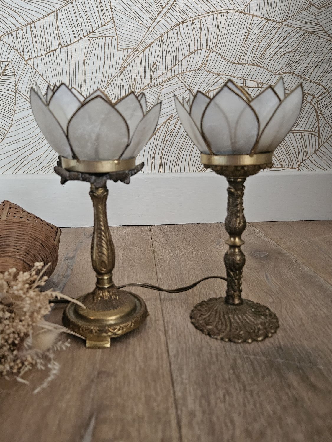 Pair of brass and mother-of-pearl lotus bedside lamps
