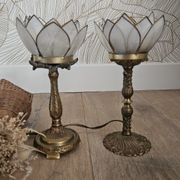 Pair of brass and mother-of-pearl lotus bedside lamps