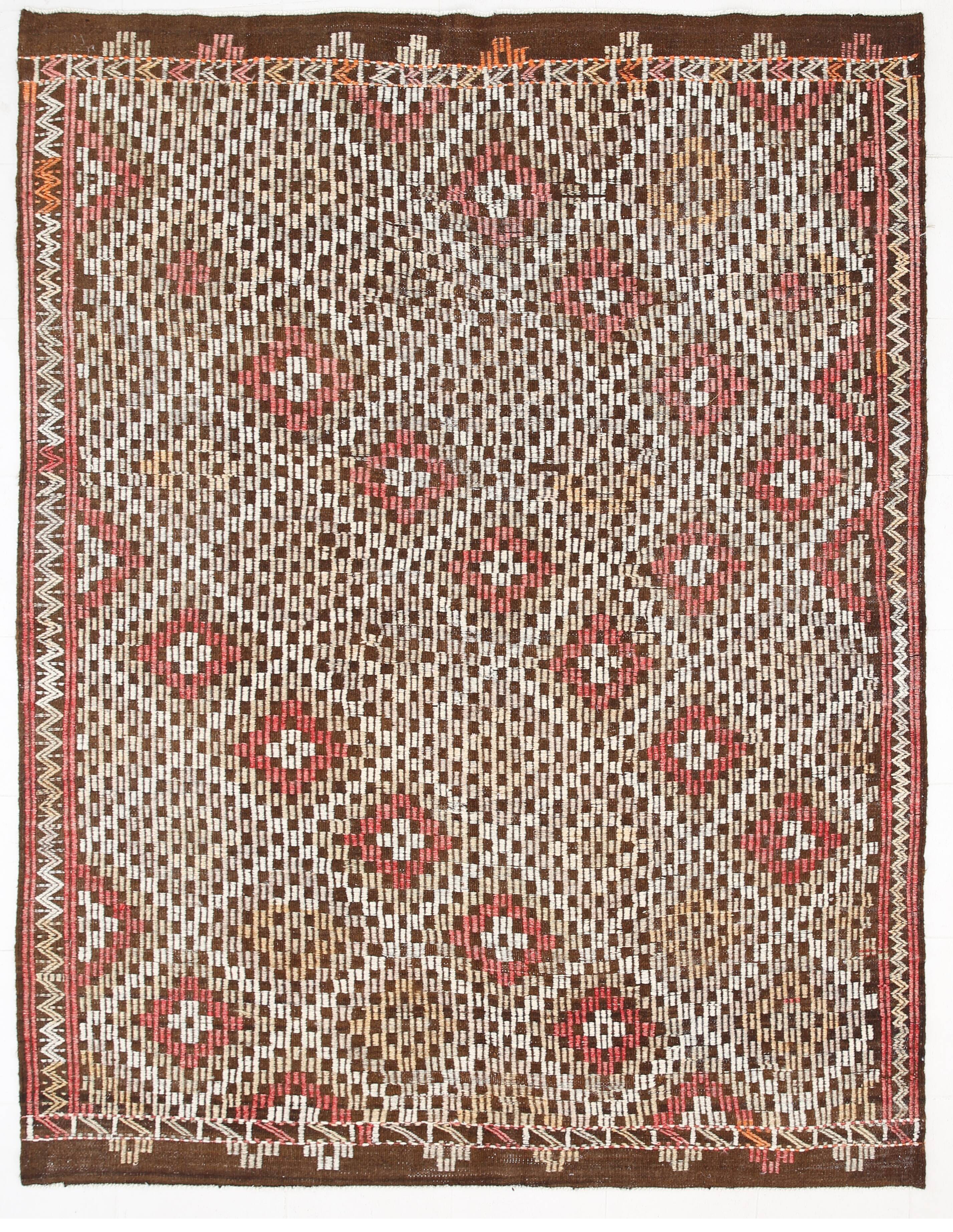 Green & Red Details Vintage Kilim Rug, Oushak Area Rug, 233x300Cm