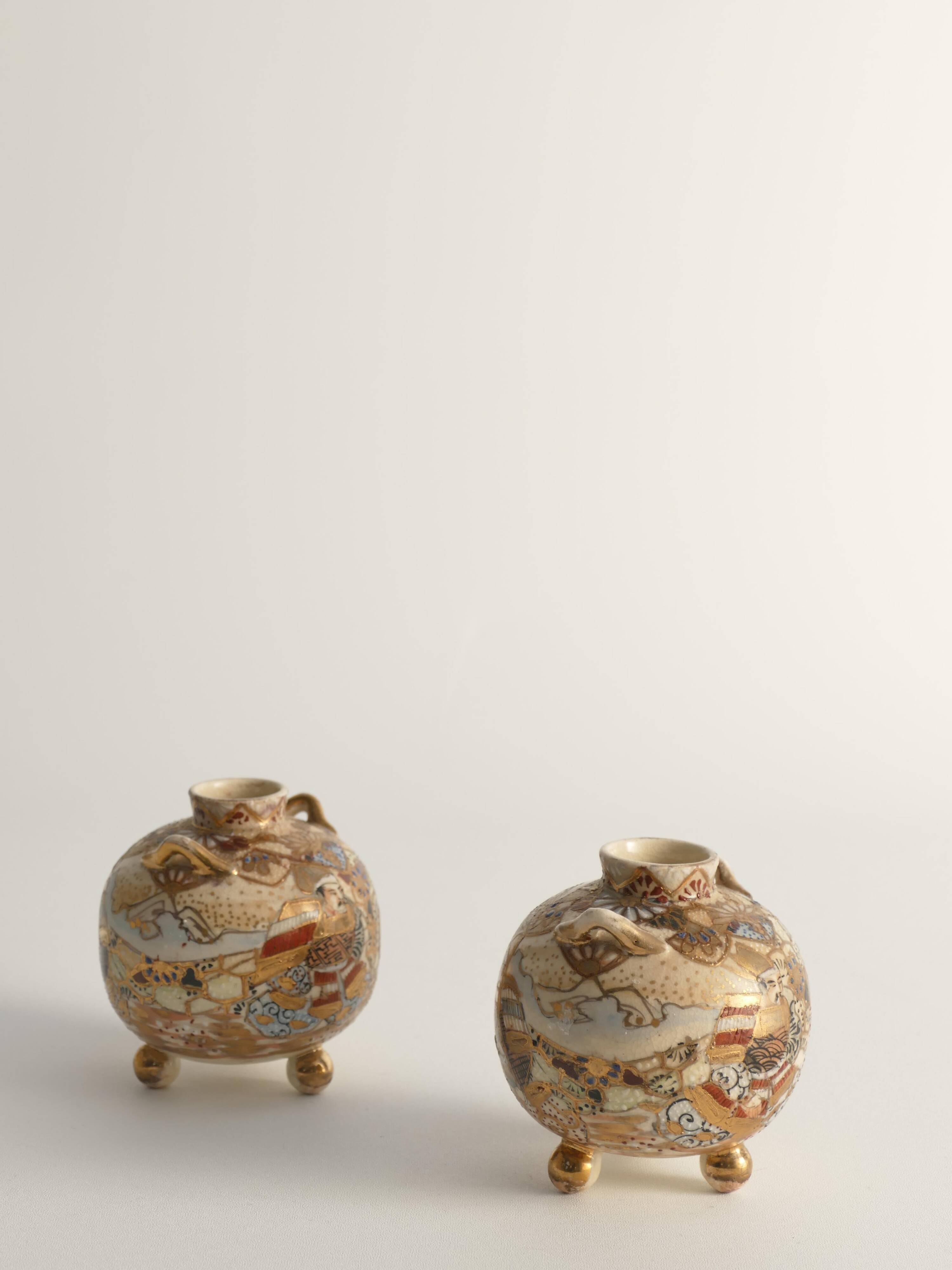 Satsuma Earthenware Vases, Hand-Painted Polychrome, Japan, Set of 2