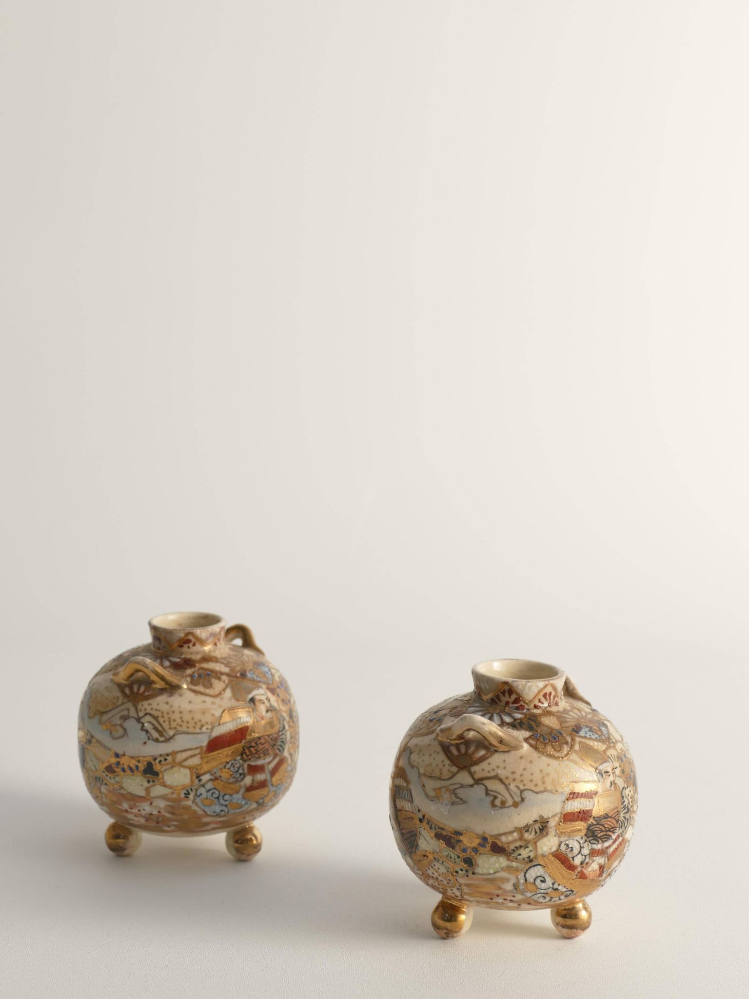 Satsuma Earthenware Vases, Hand-Painted Polychrome, Japan, Set of 2
