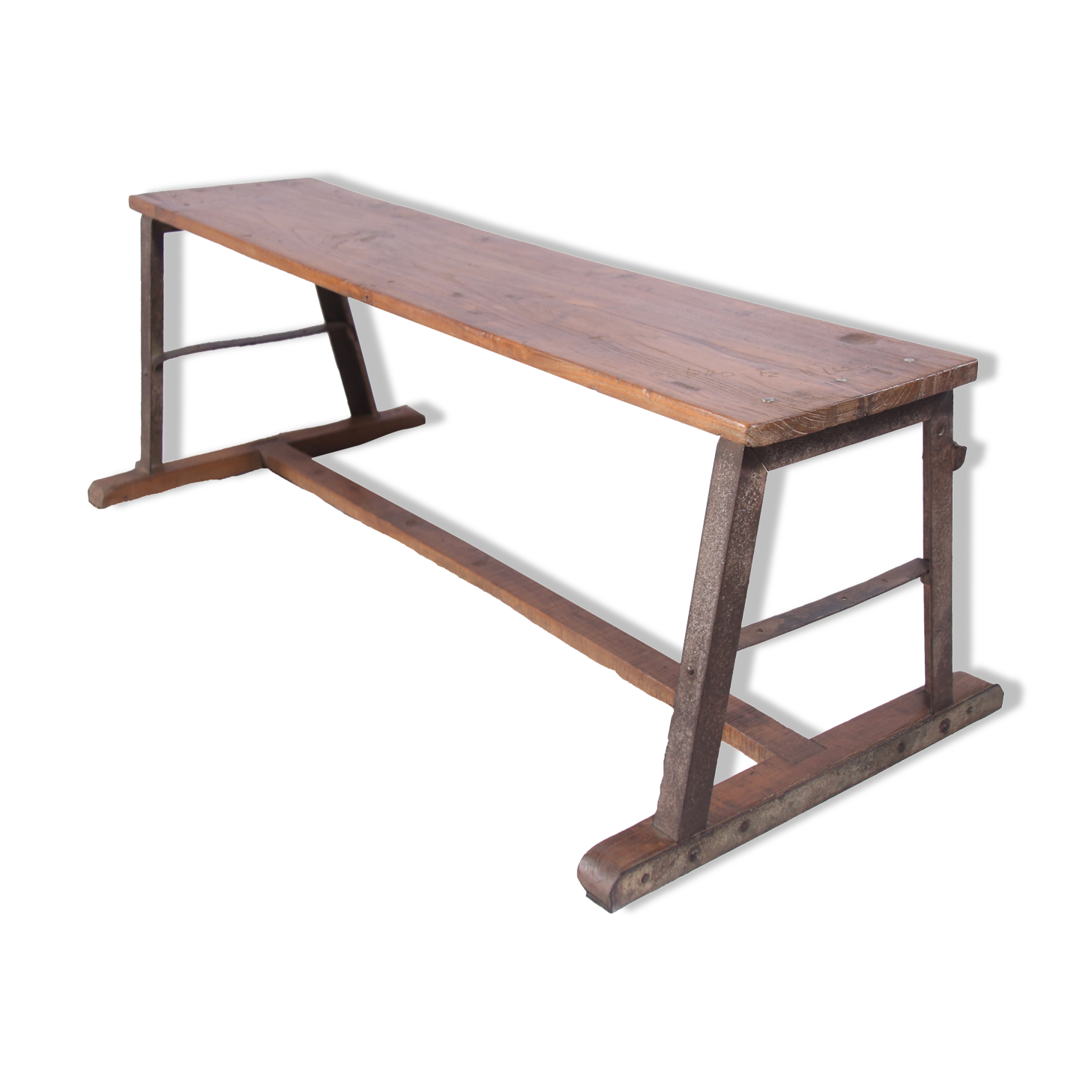 Ancient Burmese teak bench with metal base