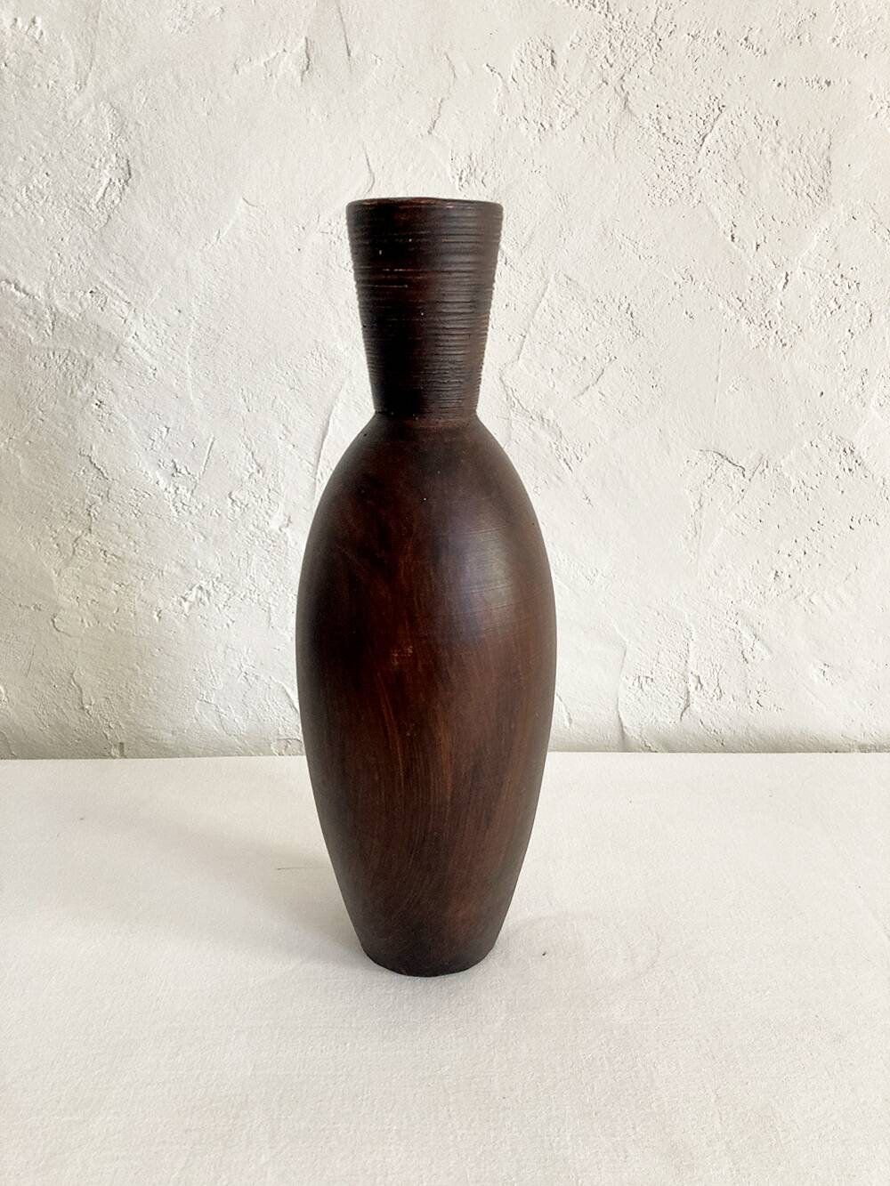 Ceramic vase painted brown (wood effect), elongated model