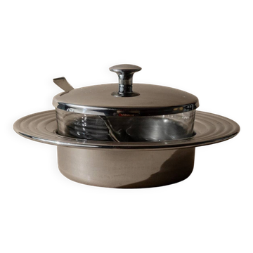 Pot à condiments vintage des années 1970 en verre et acier inoxydable avec couvercle, avec cuillère assortie