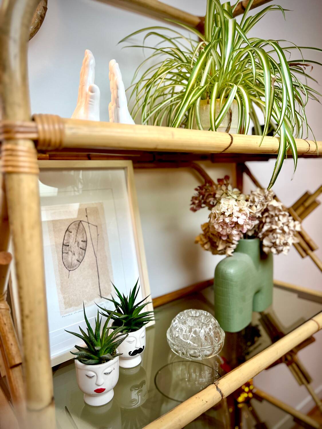 Rattan and glass shelf