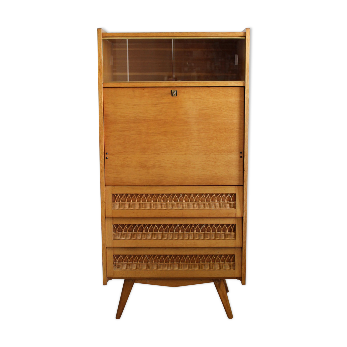 Secrétaire vintage en bois et rotin