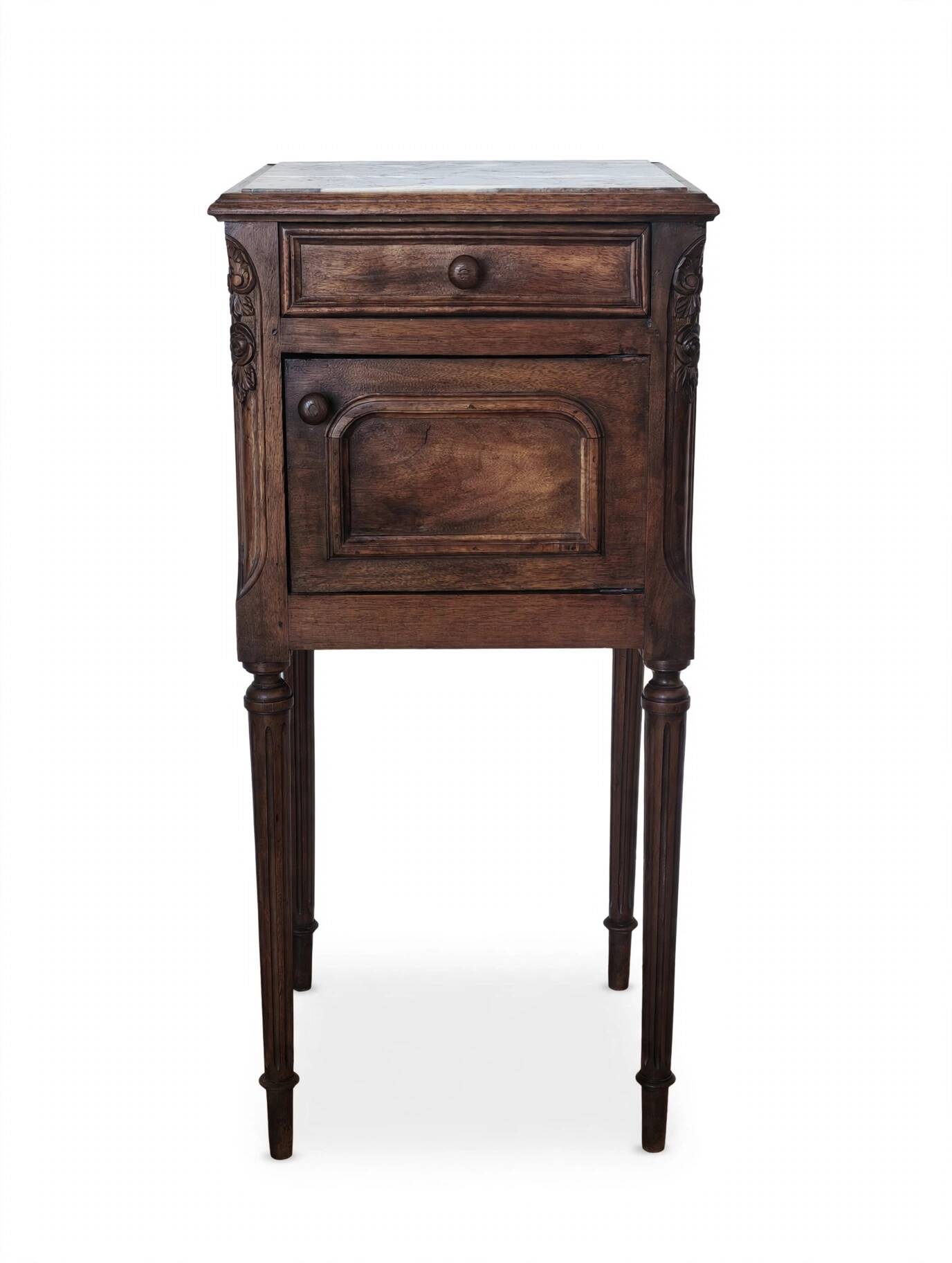 Louis XVI bedside table in walnut and marble - pink sculptures