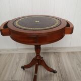 Mid - Century cupboard table with drawers and leather top.
