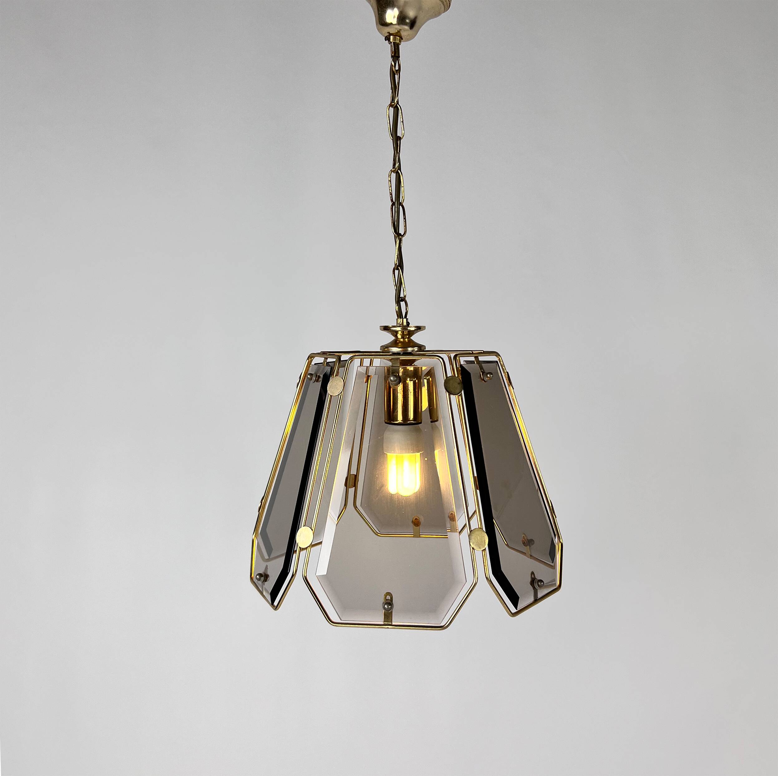 French Brass and Smoked Glass Hal Pendant, 1970s