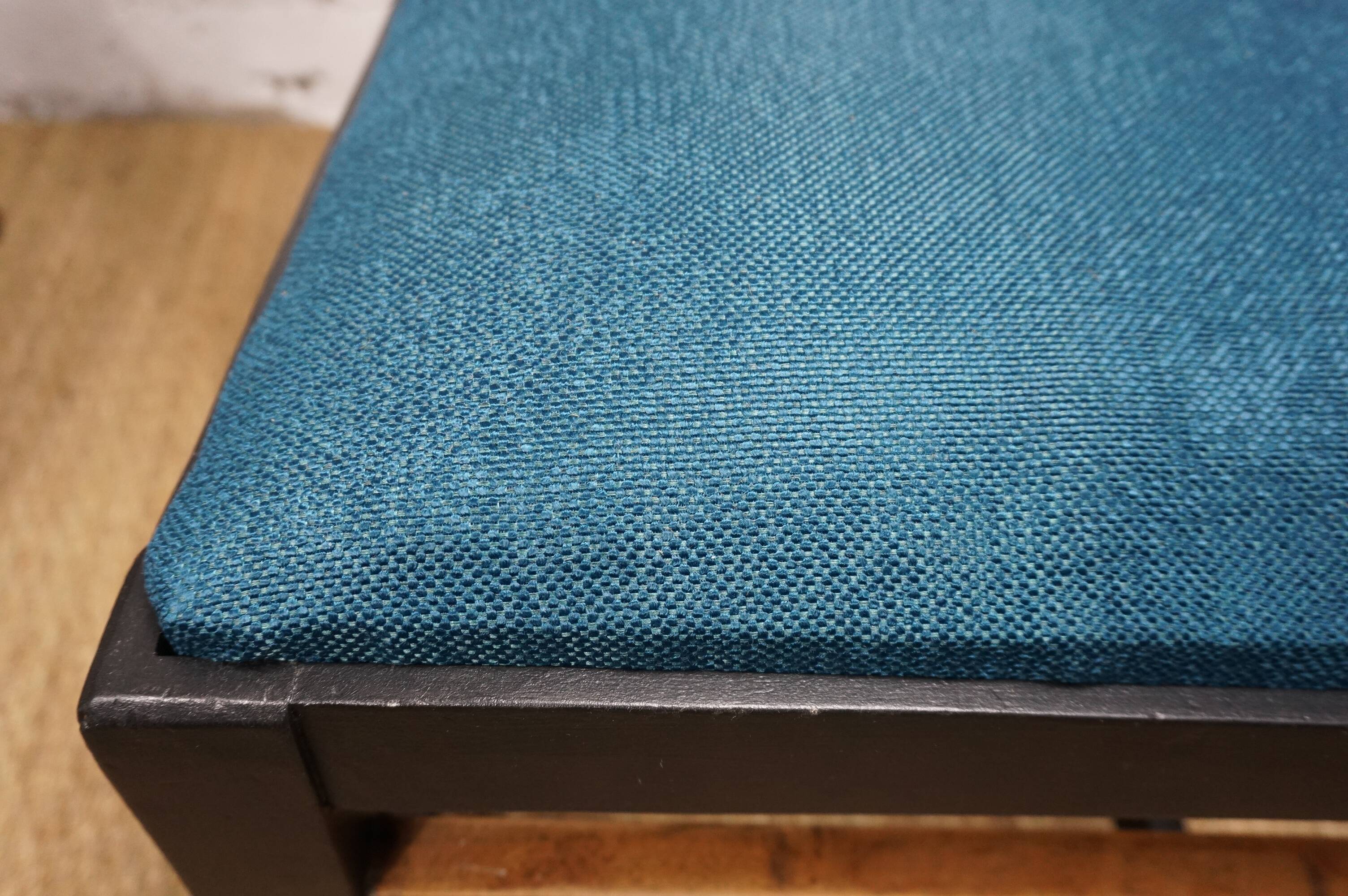 Pair of brutalist wooden chairs revamped in black, duck green fabric seat