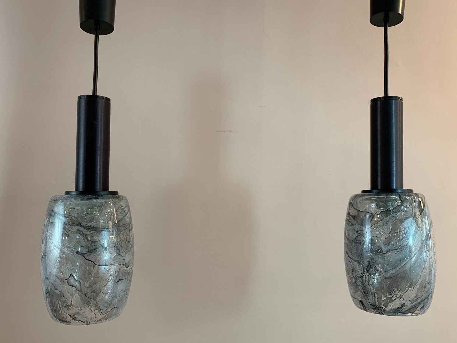 Pair of 1970s Putzler grey marbled pendant lights