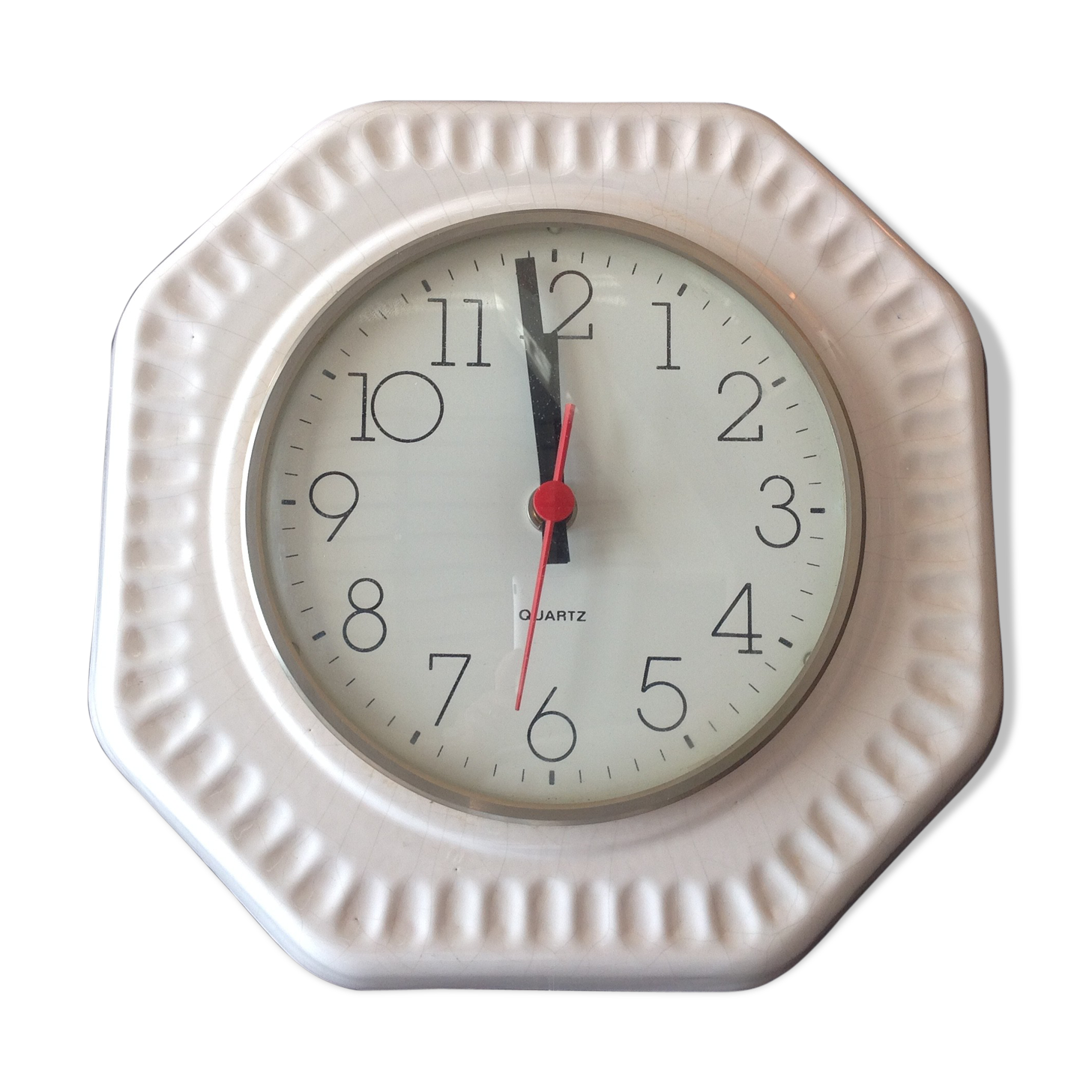 Octagonal clock in white ceramic, vintage 60s-70s
