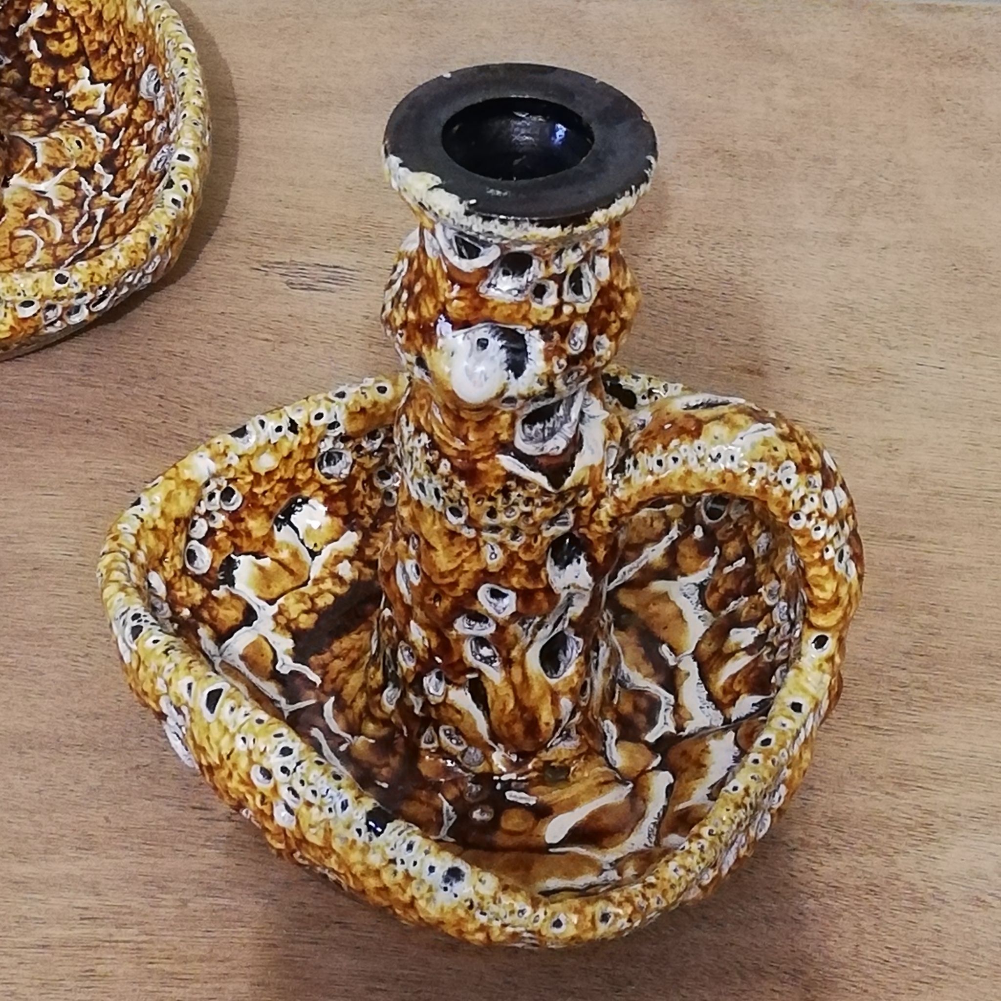 Pair of honey-colored Fat Lava ceramic candle holders