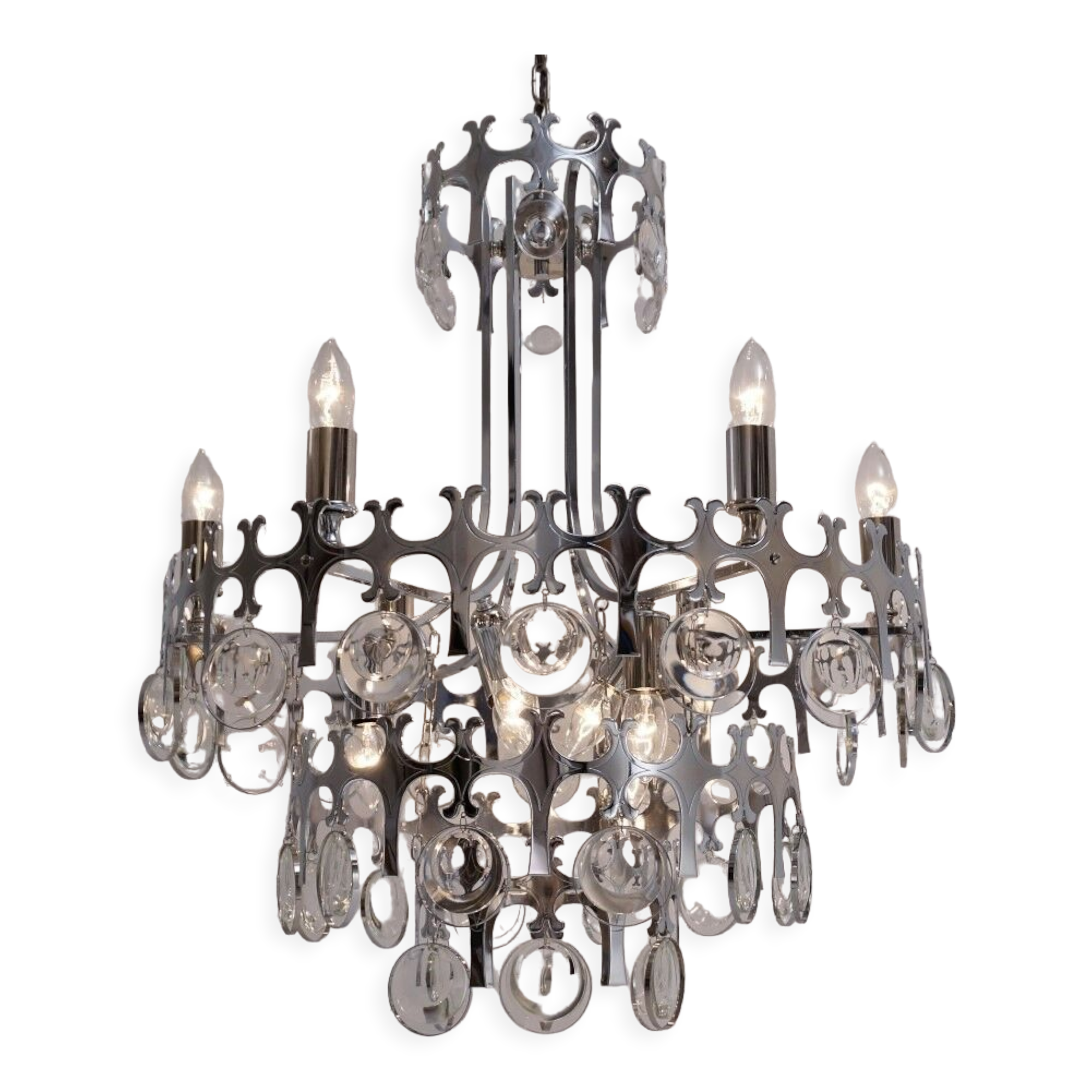 Sciolari chandelier `Ovali` 12 lights, silver with optical crystals, 1970`s ca, Italian, Rewired