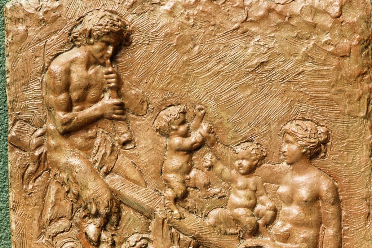 Terracotta bas-relief, satyrs, signed Clodion.