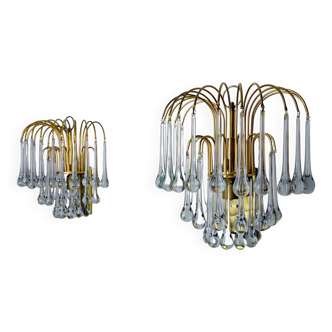 Pair of Venini "drops" wall lights, 3 levels, murano glass, Italy, 1970