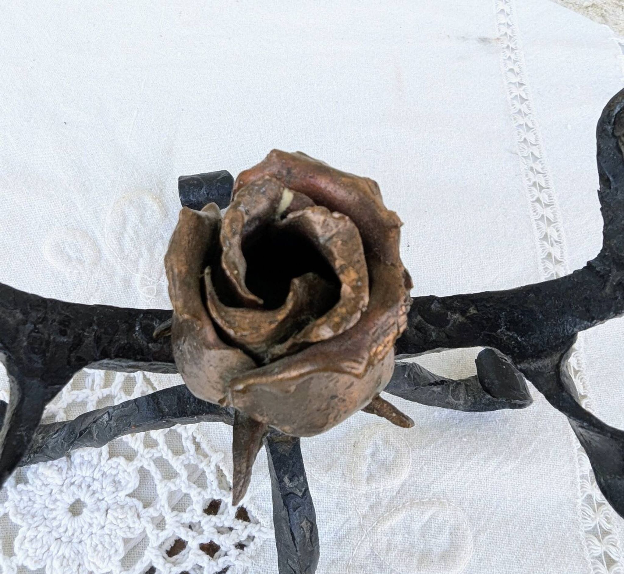 Brutalist Antique Wrought Iron Chandelier Floral Naturalist Candle Holder